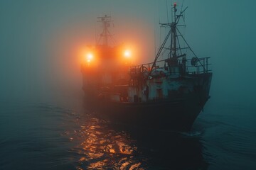 Obraz premium An eerie atmosphere as a fishing vessel with bright lights advances through dense fog on the ocean A sense of adventure and solitude
