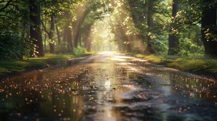 Sunlight filters through trees onto a wet forest road with scattered leaves, creating a tranquil, magical atmosphere.