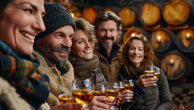 Diverse urban whisky tasting event in chic loft with enthusiasts under industrial lighting