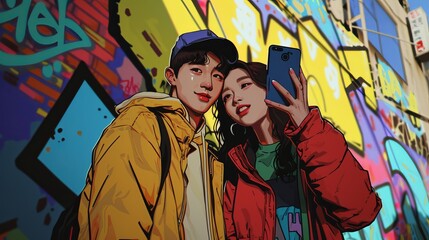 Obraz na płótnie Canvas Modern Korean Couple Taking Selfie with Vibrant Street Art Backdrop