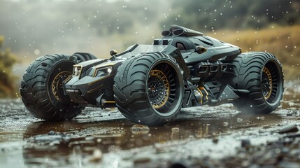 Close-up of a remote-controlled car on a wet surface with water droplets and a blurred natural background. - obrazy, fototapety, plakaty