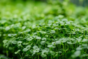 Young microgreen plants in a greenhouse, lush greenery