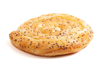 Vertuta Pie of Phyllo Pastry Filled with Feta Cheese and Sprinkled with Toasted Sesame Seeds .