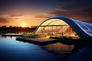 Fototapeta na wymiar A 3D visualization of a futuristic greenhouse with integrated solar panels and a self-sustaining water recycling system