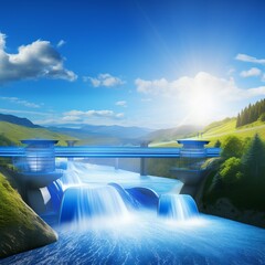 A digital art piece showing a river powering a series of small hydroelectric generators