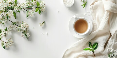 Elegant flat lay with tea cup, blossoms, and silk fabric on a white background, perfect for spring themes. - obrazy, fototapety, plakaty
