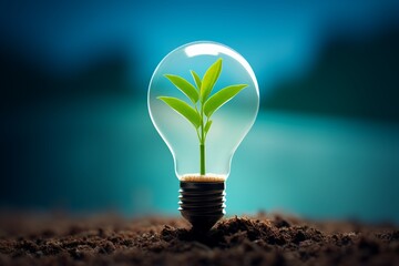 Close-up of a light bulb growing out of the soil with the filament replaced by a small