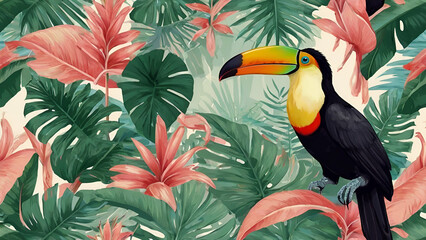 Opalizing pastel tropical jungle background with a toucan bird, strelitzia flower and green leaves. generative.ai