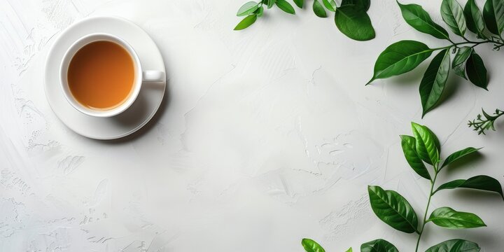 Top view of a cup of tea with fresh green leaves on a white background, with copy space.