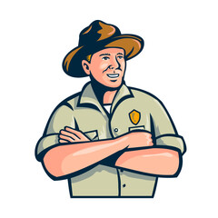 Retro mascot style illustration of a male ranger, park ranger, park warden or forest ranger with arms crossed viewed from front on isolated background done in full color.
