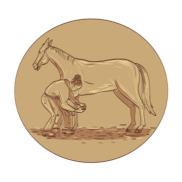 recommend clip art: Drawing or illustration of a female farrier placing horseshoe on the horse hoof viewed from the side set inside circle on isolated background retro style.