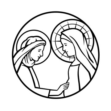recommend clip art: Retro mascot style illustration of the visitation of Mary to her relative Elizabeth; they are both pregnant viewed from side set inside circle on isolated background done in black and white.
                    