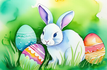 Colorful easter eggs and rabbit on green grass aquarelle pastel multicolor watercolour