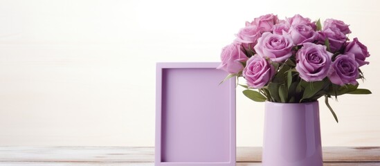 A beautiful arrangement of purple roses in a vase sits next to a picture frame on a table, creating a lovely and colorful centerpiece