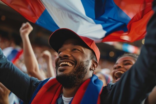 Exhilarated fan with the French flag at stadium