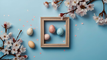 Frame with white and blue speckled easter eggs and cherry blossoms on light blue background. Happy Easter concept. Simple spring template, greeting card, banner. generative.ai - obrazy, fototapety, plakaty