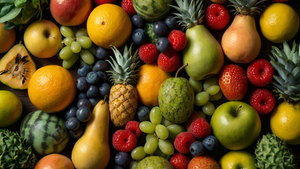 Naklejka na ściany i meble Everyone's desire is for a tree to bear a variety of fruits. The many fruits on the tree are a real collection of vitamins. Healthy life concept. Background, wallpaper and copy space. AI generated