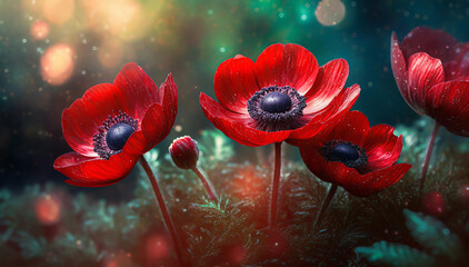 Czerwone kwiaty wiosenne anemony - obrazy, fototapety, plakaty