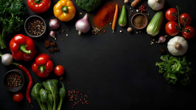 Various kitchen ingredients vegetables on dark stone plate background, health eating concept, food flat lay, for website, banners and marketing materials. generative.ai