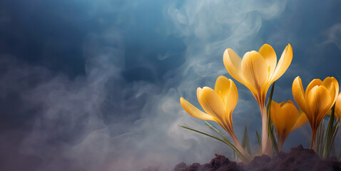 Wiosenne krokusy. Niebieskie tło, dym. Puste miejsce - obrazy, fototapety, plakaty