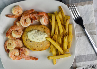 salmon burger  with shrimp and french fries