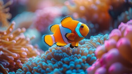 Fototapeta na wymiar Bright color rose clownfish on a blue sea anemone grad