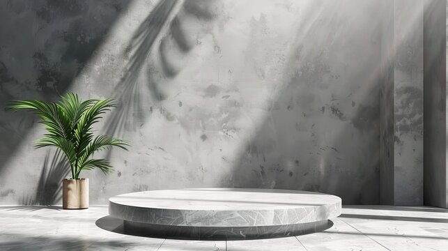 Minimalist summer fashion podium with stone wall and green leaf abstract luxury showcase mockup