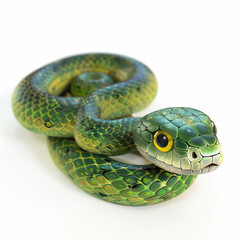 Fototapeta premium Green grass snake in grass coiled up transparent white background.