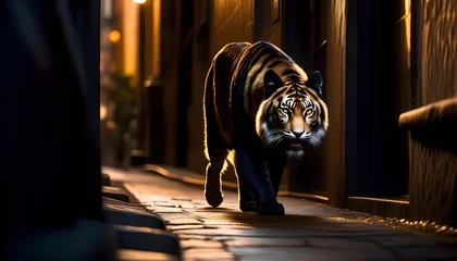 Zelfklevend Fotobehang A black panther with piercing golden eyes standing in a dimly lit alleyway. © Iqra