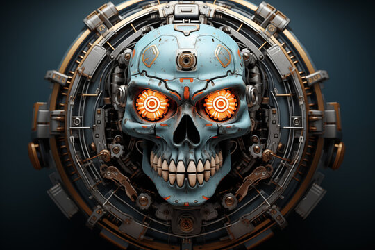 a blue robot skull on a round mechanic background