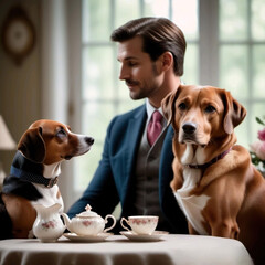 Hombre tomando té junto a dos perros en una casa