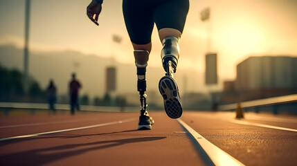 A person with prosthetic leg is jogging. Person with disability in positive lifestyle - obrazy, fototapety, plakaty