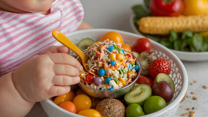 Toddler boy eats with spoon and is covered in food. Baby food, food allergies, self-feeding. generative.ai