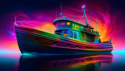 A neon-lit futuristic time travel vessel in a swirling vortex of colors and lights - obrazy, fototapety, plakaty