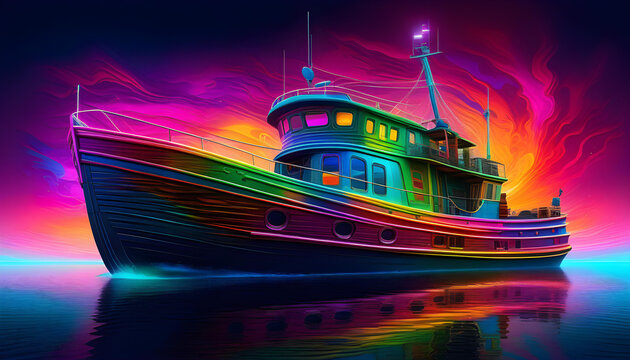 A neon-lit futuristic time travel vessel in a swirling vortex of colors and lights