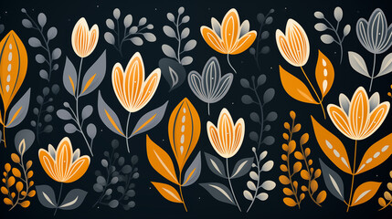 Charming Orange and Gray Floral Illustrations on Black