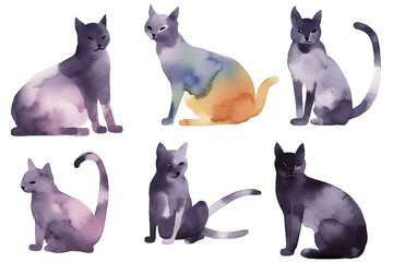 set silhouettes Watercolor cats
