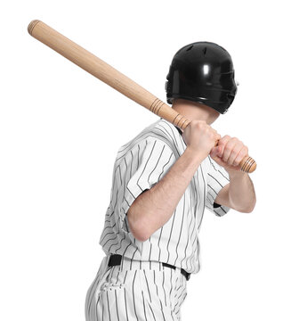 Baseball player taking swing with bat on white background, back view