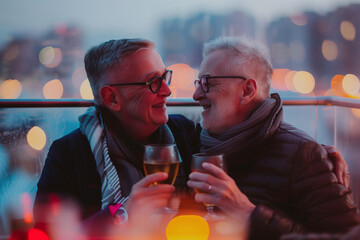 Mature Gay Couple Toasting on Romantic Urban Evening
