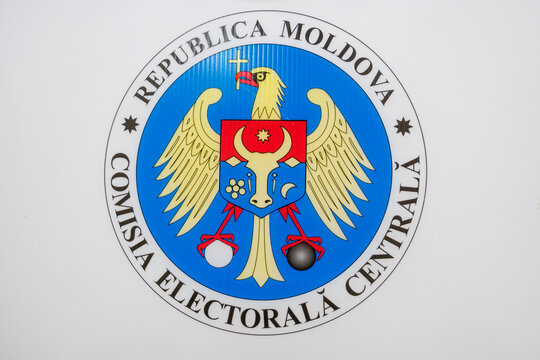 October 31, 2023 Sofrincani Moldova, For editorial use. Official coat of arms on ballot boxes for elections