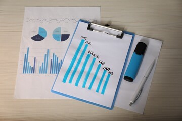 Business process planning and optimization. Workplace with different graphs, marker and pen on...