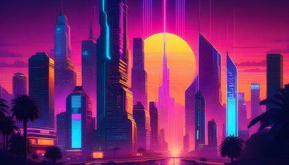Digital colorful night city skyline
