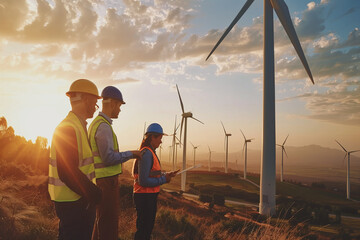 Engineers Evaluating Wind Farm Efficiency at Sunrise - Powered by Adobe