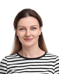 Passport photo. Portrait of woman on white background