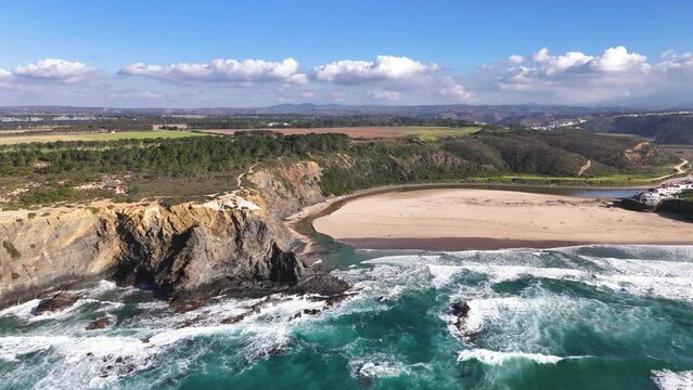 Panoramic aerial view of the Odeceixe Mar Beach in the autumn, west of Portugal