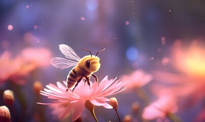 honey bee detailed and Close up, on flowers, yellow pink blossom and bee, rich spring background - obrazy, fototapety, plakaty