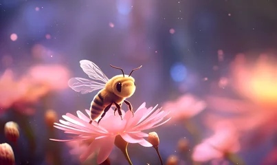 Fotobehang honey bee detailed and Close up, on flowers, yellow pink blossom and bee, rich spring background © shustrilka