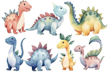 Watercolor cute dinosaurs set