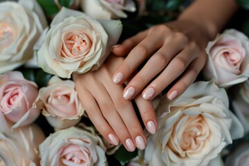Obraz na płótnie Canvas Manicure with soft pink roses in the background