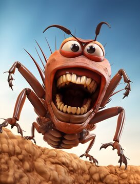 cockroach, cartoon character, cute cartoon cockroach, monster with wings and teeth, postcard, insect, mosquito repellent